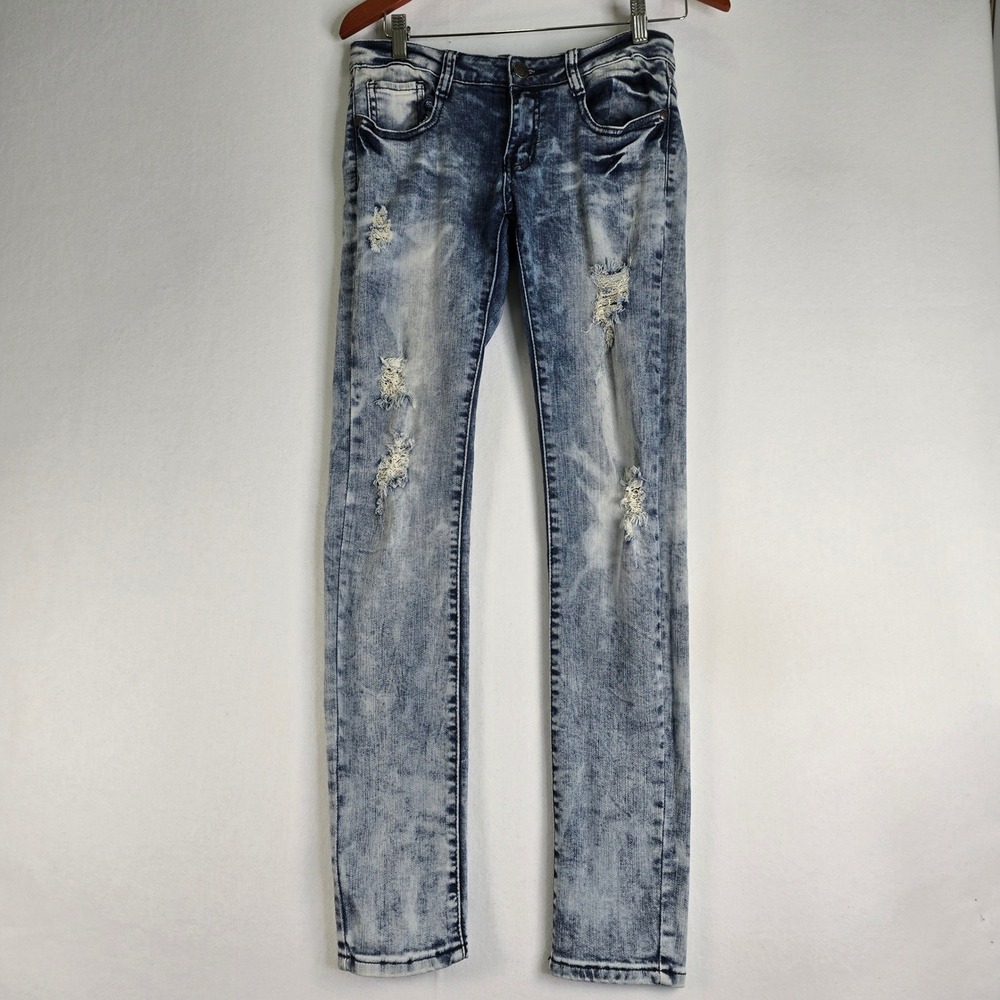 Machine Jeans Womens Acid Wash Distressed Skinny Denim Blue Size 29x31